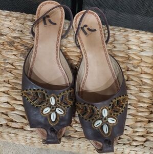 Report Bohemian Beaded Brown Leather Sandals Rare Find Open Toe Slingback Sz 10